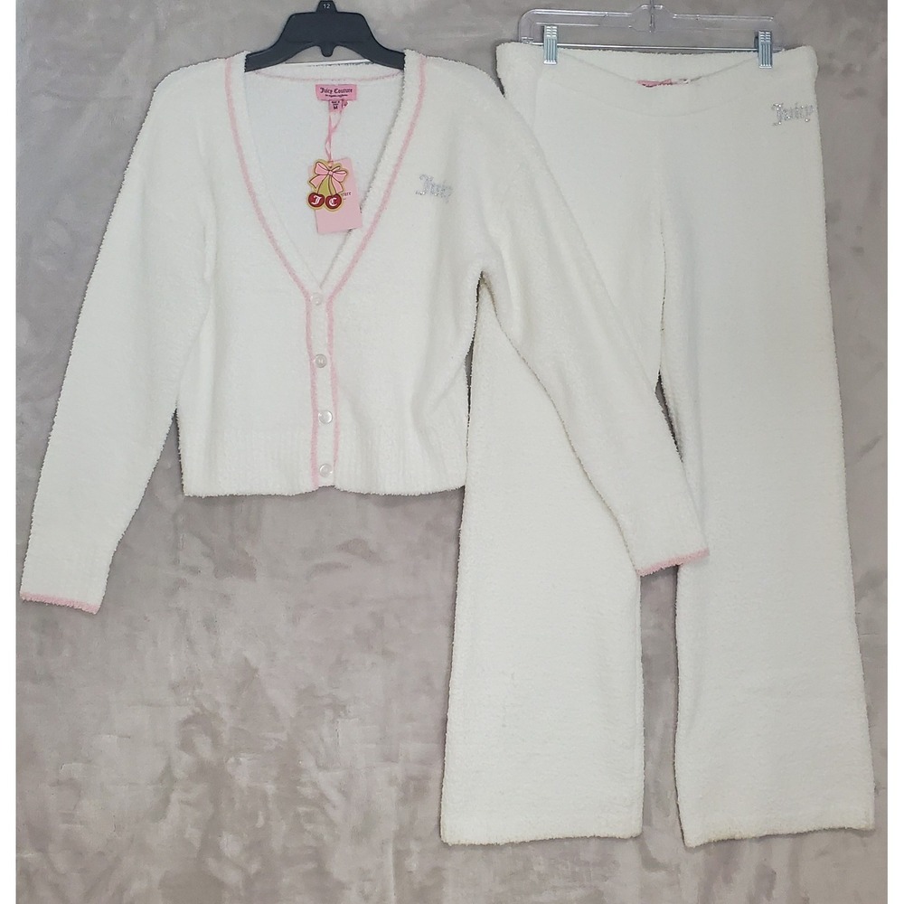 Juicy Couture 2 Piece Pajama Set Womens M Bleached White Pink Fuzzy Chenille NWT